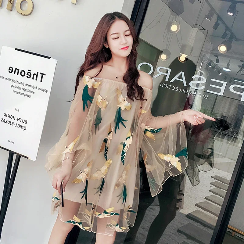 2023 Summer Sexy Off Shoulder Chiffon Dress Embroidery 3D Bird Boho Slash Party Beach Dresses Vestidos De Fiesta Women Dress