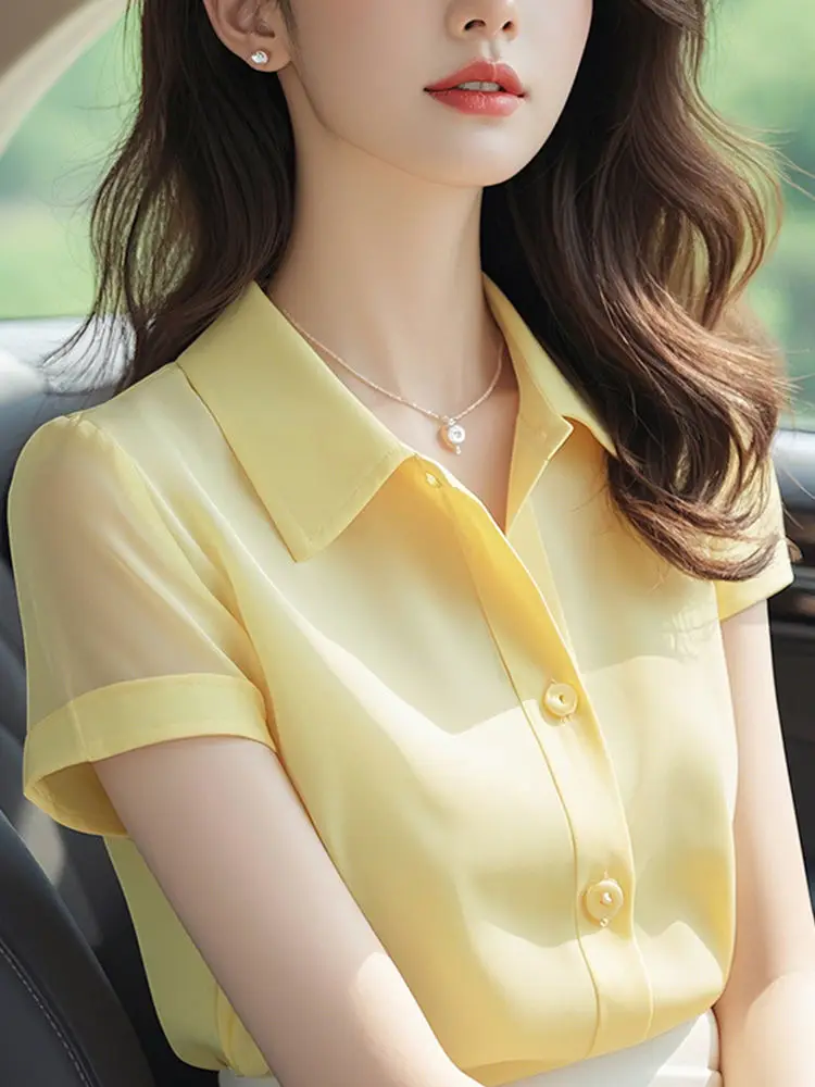 New French Style Blouse in Yellow Chiffon with Short Sleeves for Women's Summer Wear