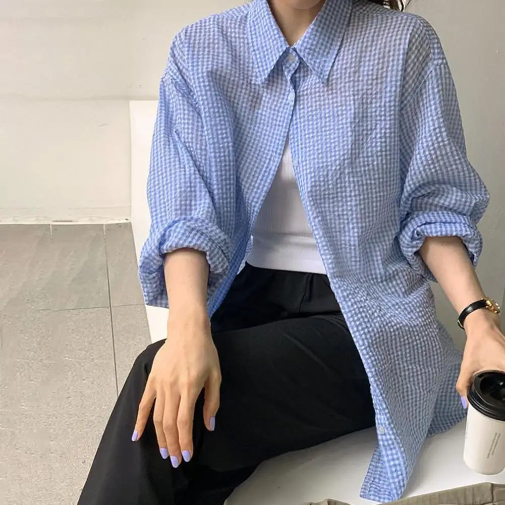 Koreaans damesshirt zonnebrandcrème lange mouwen shirt zomer dames losse casual enkele rij knopen kraag geruit