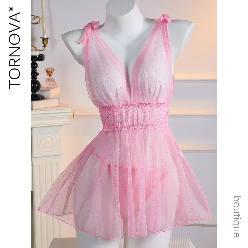 

Tornova Erotic Mesh Sleeping Skirt with Panty See-through Hollow Out Patchwork Slim Backless Seductive Elegant Sleepingskirt Set