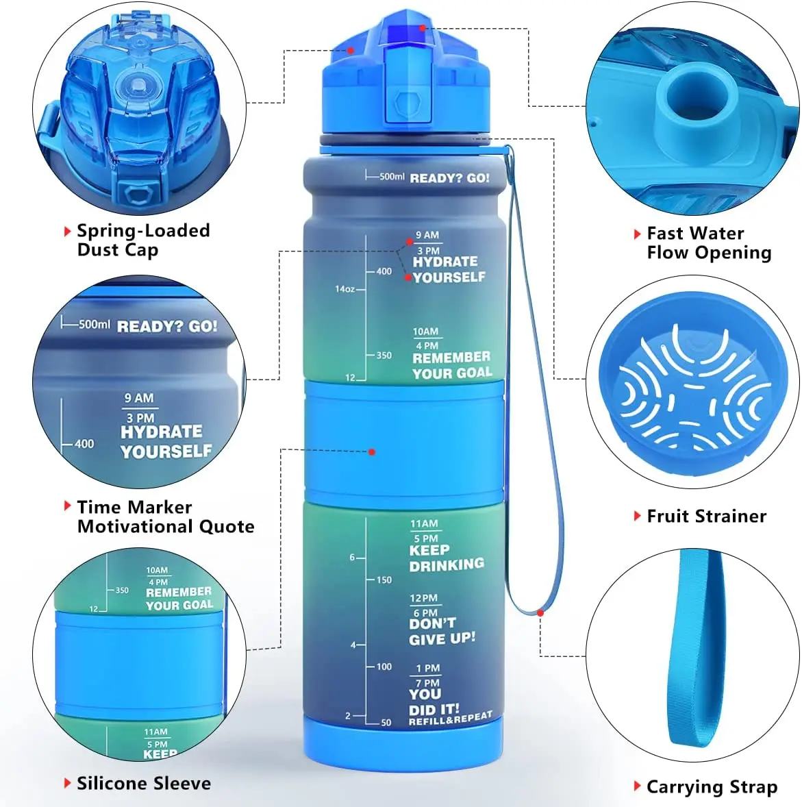 Portable Large-Capacity Water Bottle Gradient Color Tiktok Big Water Bottle Leak-proof Frosted Cup For Outdoor Sports Fitness