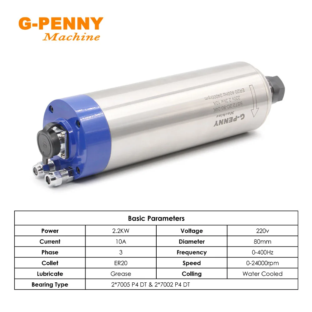 2.2KW ER20 Water Cooled spindle motor kit 220v/380v Bullet Type 4pcs bearings 2.2KW HY/QL Inverter 80mm bracket 75W water pump