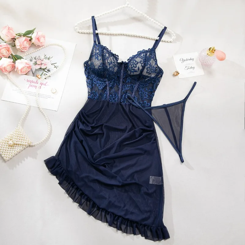 Tornova bordado Floral Sexy interesante falda de noche conjunto de Tanga ajustado sin espalda transparente ahueca hacia fuera las mujeres Sexy falda de noche conjunto