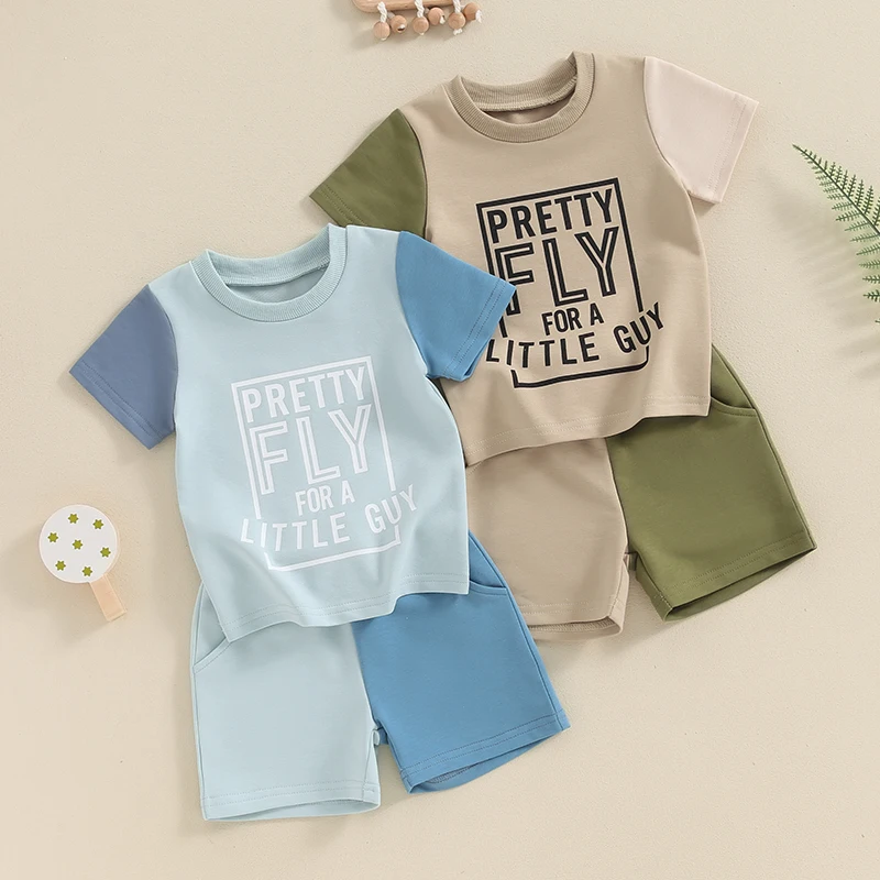 

Toddler Kids Baby Boys Summer Outfits Letter Print Contrast Color Short Sleeve T-Shirts Tops Elastic Waist Shorts Clothes Sets