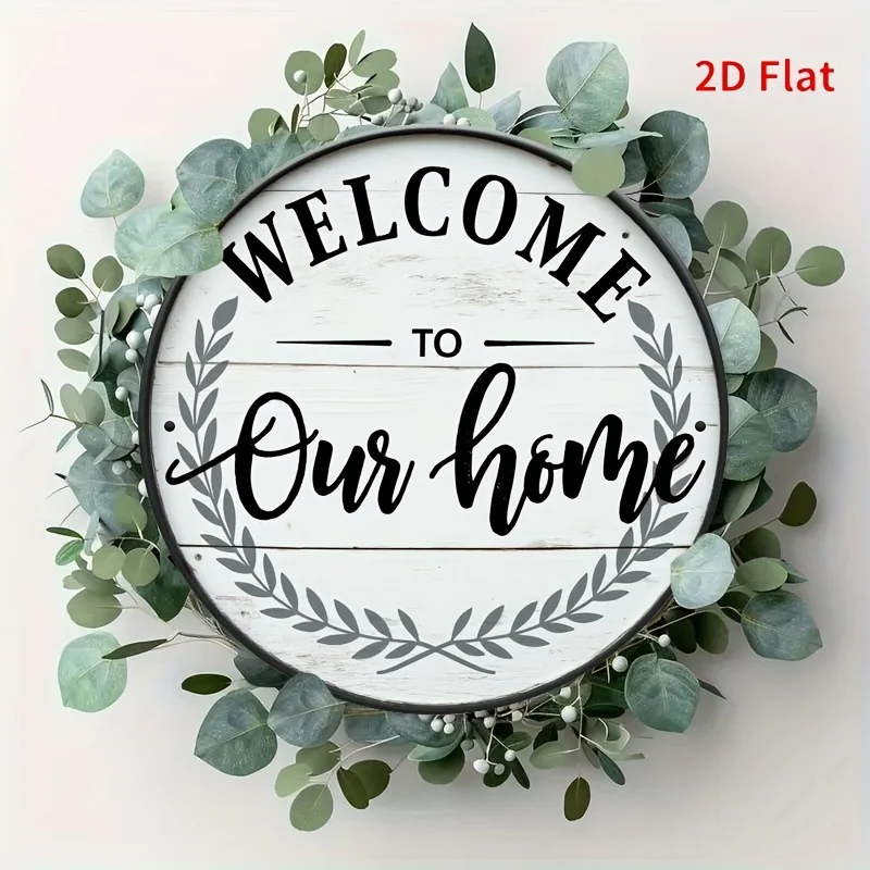 2D Flat, 1pc Elegant Welcome to Our Home Metal Wall Sign - Cursive Lettering & Laurel Wreath Border - Round Iron Door Plaque Sui