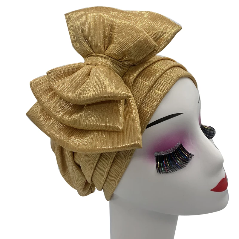 Shinning Multi-schicht Bowknot Turban Kappe für Frau Mode Afrikanische Headtie Nigeria Hochzeit Turbane Hut Muslim Headwrap Motorhaube – Detail 4