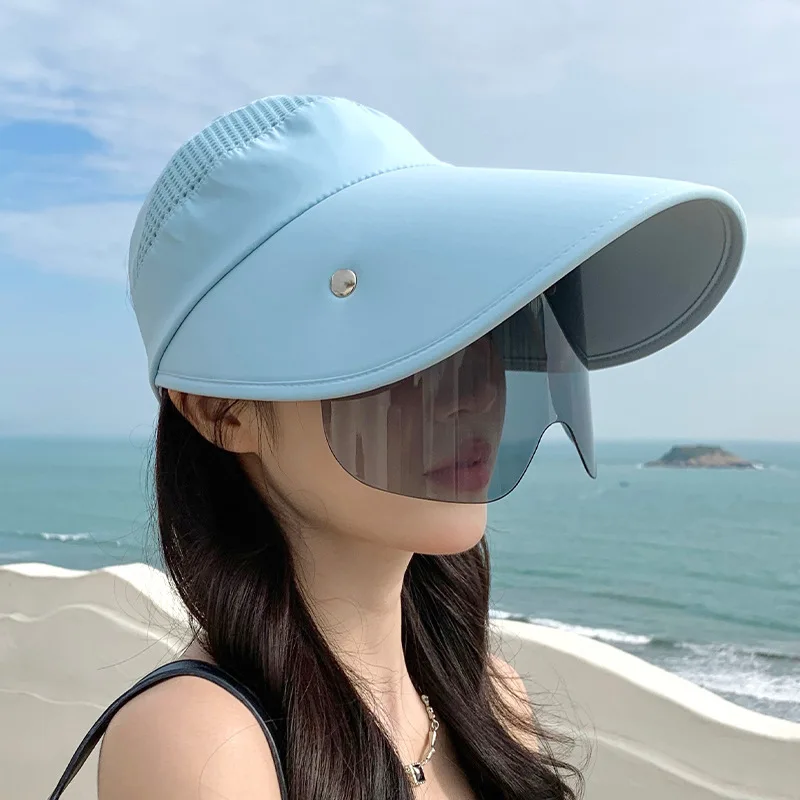 Summer Women Sun Hat with Glasses 13cm Large Brim Bucket Hat Breathable Outdoor Empty Top Cap Magic Tape Adjust Travel Beach Cap