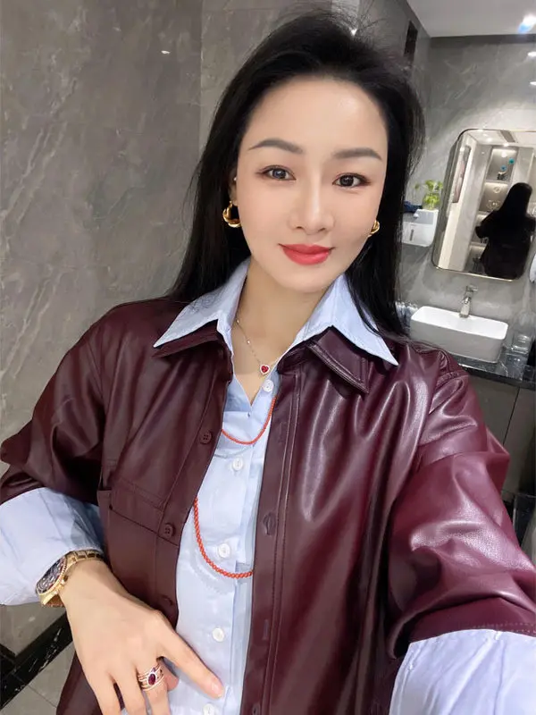 Women's Grape Purple PU Leather Jacket Coat Blue Shirt Two-Piece Set Spring Autumn New Style Retro Layering Casual Fashion image 4