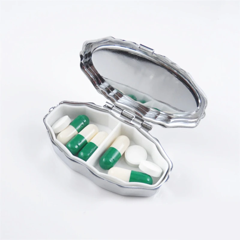 Metal scallop Silver Pill Boxes Holder 2 Grids Medicine Case Small Portable Case Container Splitters Personal Health Care MR106