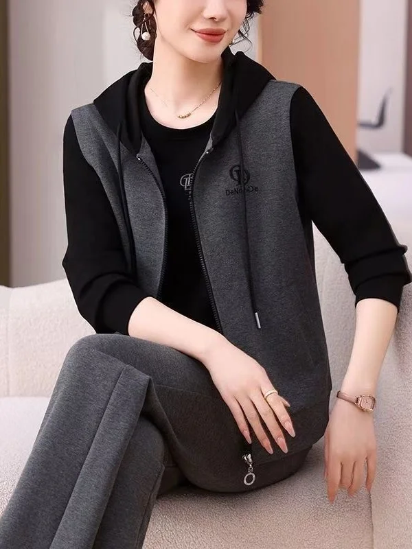 

Повседневный спортивный комплект из футболки и топа для женщин среднего возраста: свободная толстовка и жилетка для мам — модный и удобный