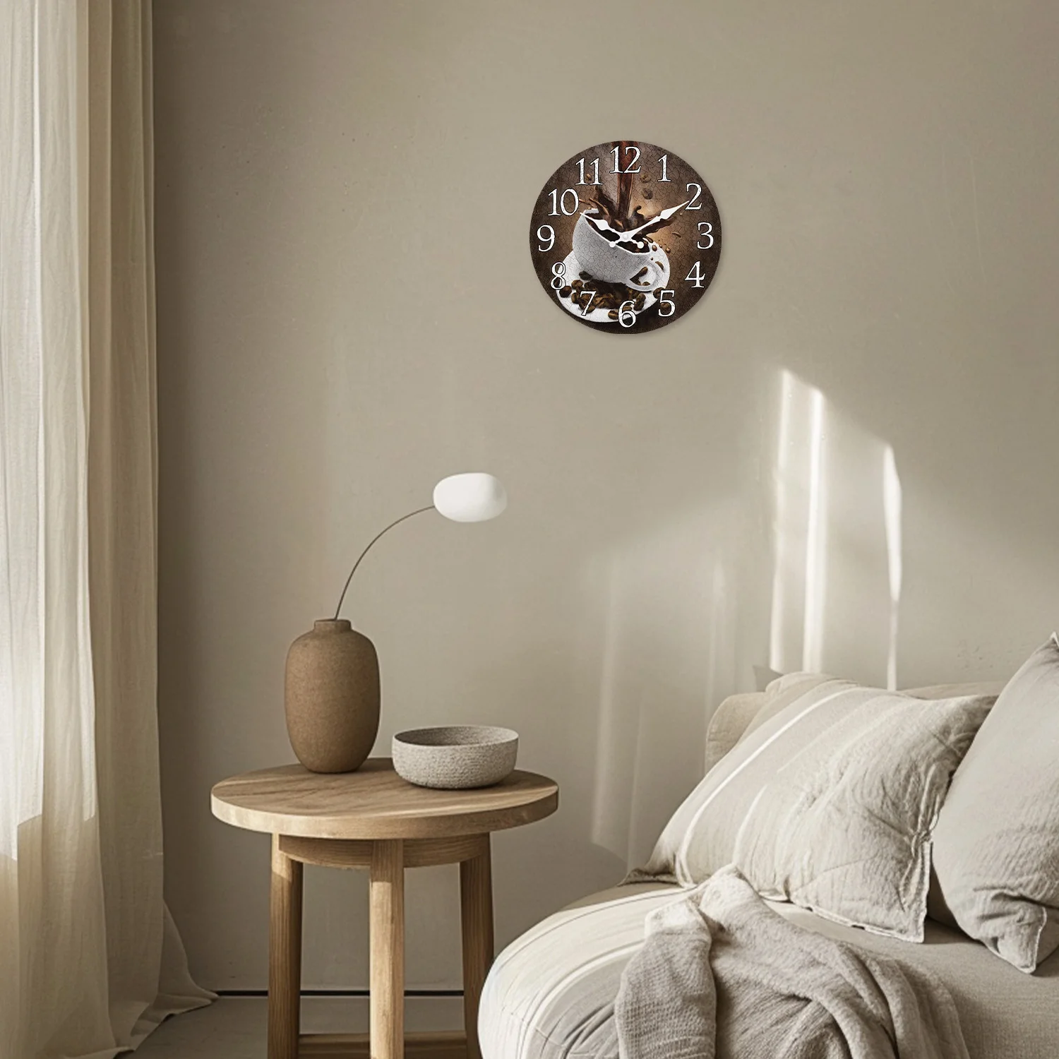 American Retro Coffee Cup Pattern Wooden Wall Clock for Living Room, Bedroom, Kitchen, Home Decoration, Silent Quartz Clock, Holiday Gift, 10