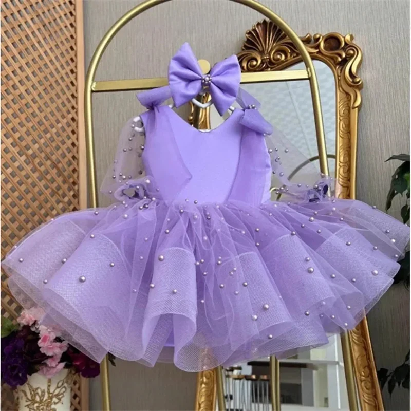 Custom Luxury Purple Pearl Tulle Bow Flower Girl Wedding Gown Pageant Runway Guest Luxury Birthday Party Kids Tutu Formal Dress