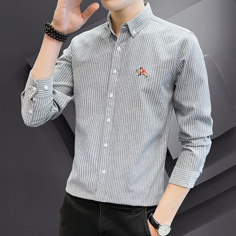 Oxford Textile Shirt Men\'s Long Sleeve Cotton Korean Version Slim Embroidered Shirt Youth Explosion Business Casual Dropship