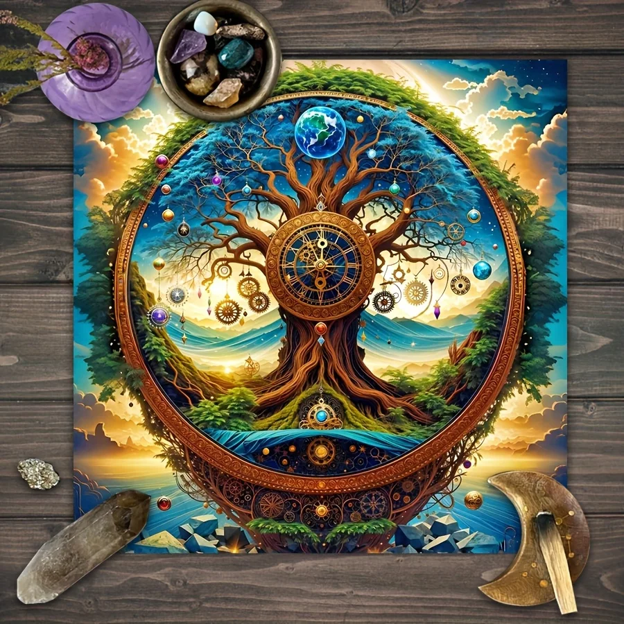 Vintage Tree‑of‑Life Tarot Tablecloth, Mystic Moon‑Phase & Intricate Floral Oracle Mat, Square Polyester Altar Cloth