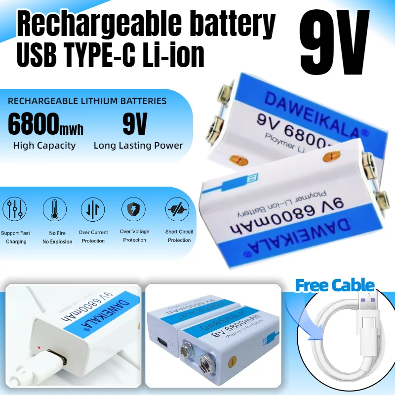 

New 9V 6800mAh Li-ion Rechargeable Battery with Micro USB Charging for Multimeter, Microphone, Toys, Remote Controls, KTV Use
