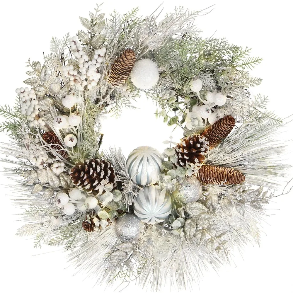 

Christmas Wreaths for Front Door 24" Christmas White Snow Flocked Door Wreath Home Indoor/Outdoor Porch Decor