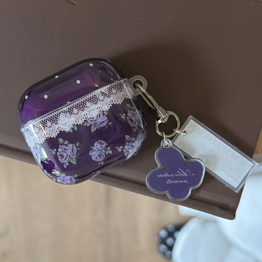 purple lace flower gloss soft protection cover case for apple airpods 1 2 3 4 pro2 pro3 bluetooth earphone charging box cover - view 4