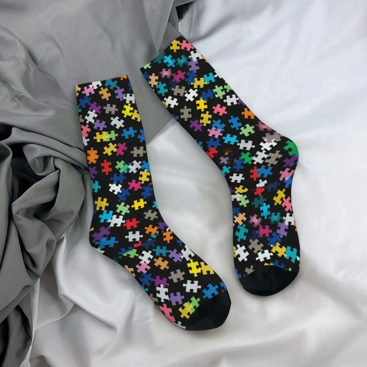 Retro Autism Awareness Puzzle Pattern Basketball Socks Polyester Middle Tube Socks for Unisex