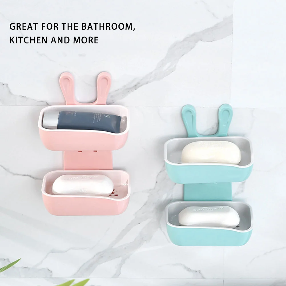 

2Pcs Double-Layer Soap Rack with Drain Holes Rabbit Style No-Trace Stick Soap Container for Shower Kitchen Use