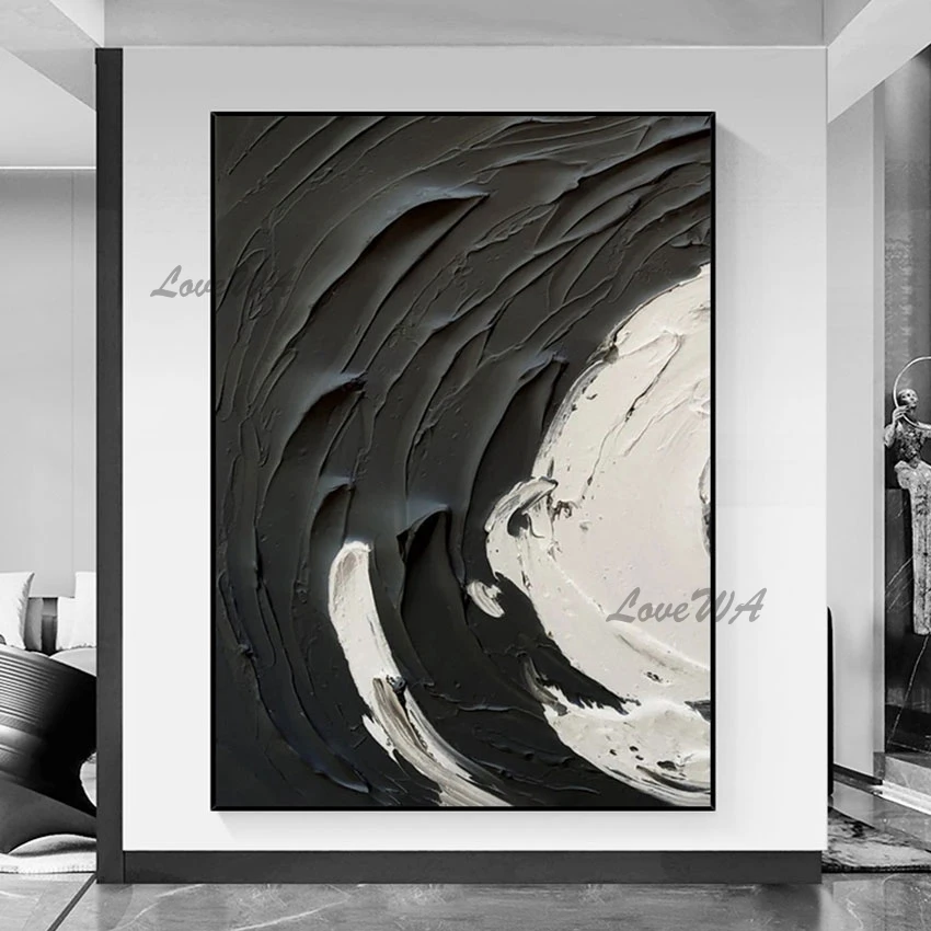 

Hand-painted Thick Acrylic Abstract Painting Black And White Simple Design Living Room Wall Decor Canvas Pictures No Frame