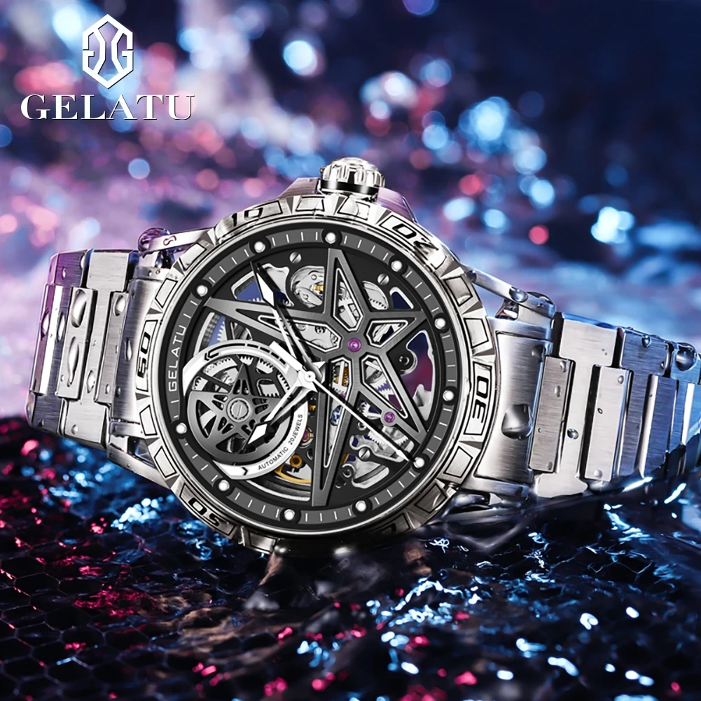 GELATU Original Brand Mechanical Watch for Men Fashion Trends Hollow Gear Dial Full Automatic Wristwatch Luminous Waterproof