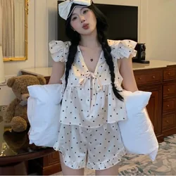 Plus Size Summer Loungewear Women New Sexy Ice Silk Pajamas Girl Polka Dot Shorts Homewear Set Ruffled Edge V-neck Sleepwear