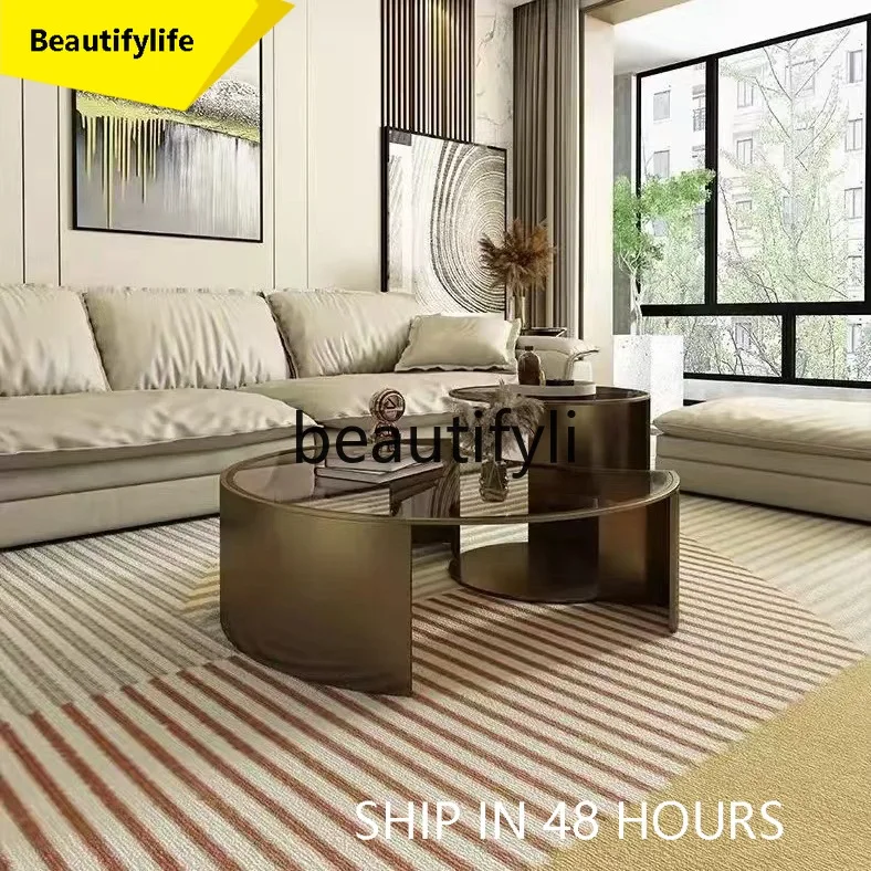 

53 Light Luxury Living Room Creative Designer Round Brown Glass Stainless Steel Combination Coffee Table