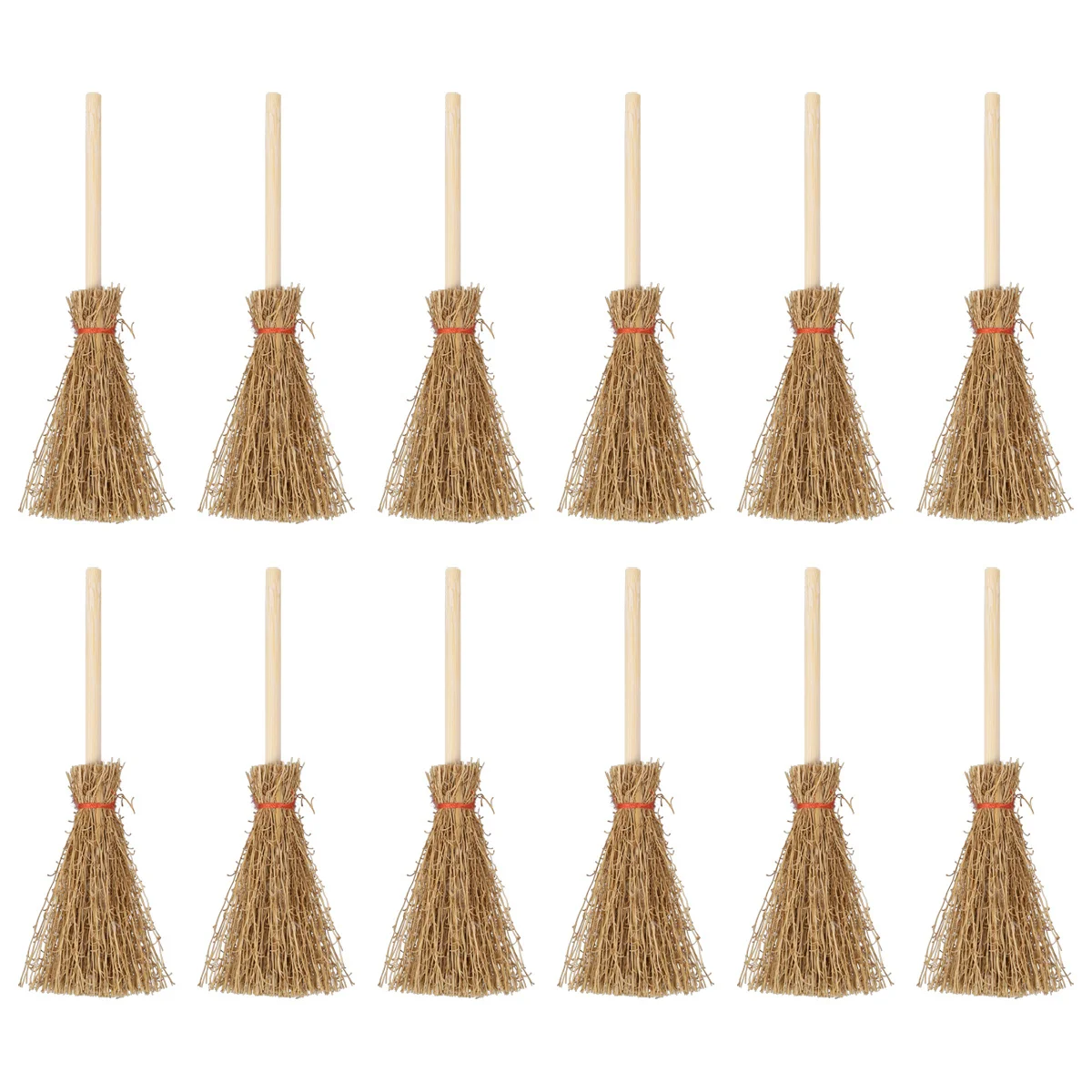 12 Pcs Witches Prop Hanging Broom Toys Lightweight Straw Decor with Red Rope for Halloween Costume Party Use