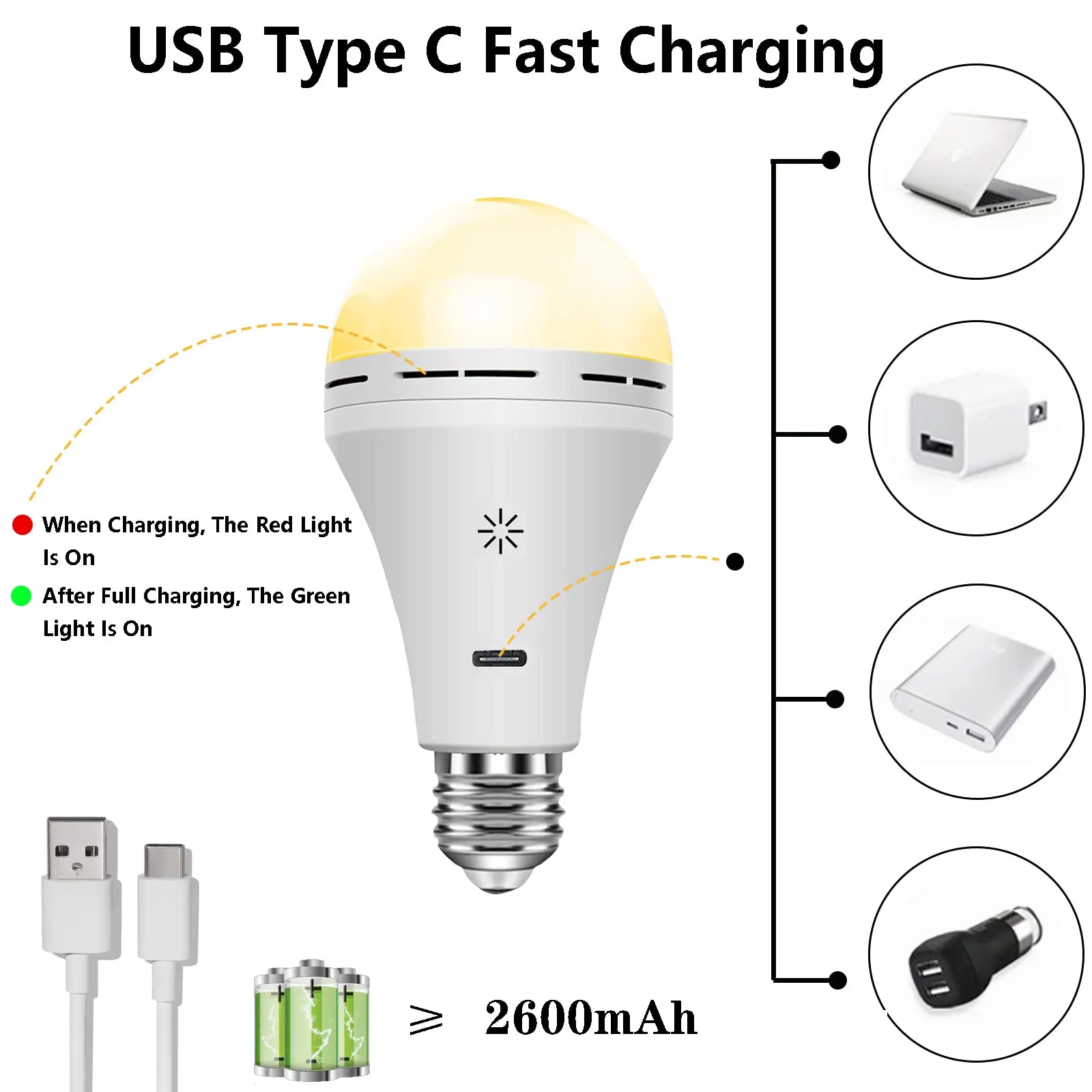 USB Rechargeable Light Bulb for warm table lamps E26 Touch Control Dimmable LED Bulb with Timer For home emergency lighting