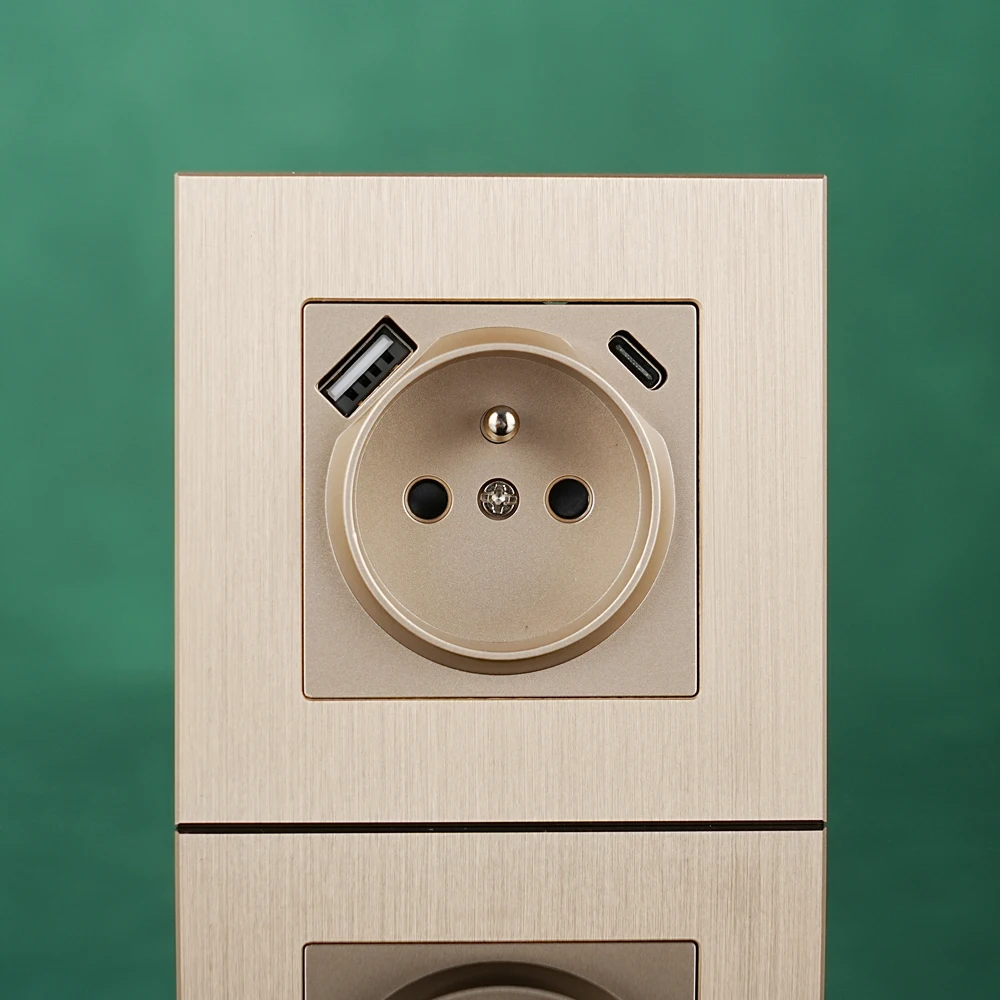 EU standard 86 type France socket USB ports Type-C and USB-A 250V 16A aluminum brushed panel wall socket CE RoHS authentication