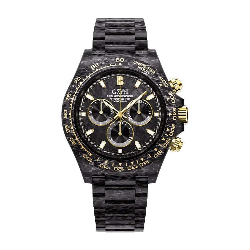 BONEST GATTI Men Chronograph Watch 41mm Automatic Mechanical Wristwatch Carbon Fiber Case & Strap Luminous Sapphire Mirror Sport