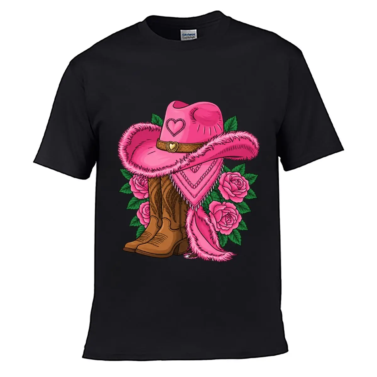 Western Pink Cowboy Boots Roses Hearts Bandana Feather Design Men Summer T-shirt Top
