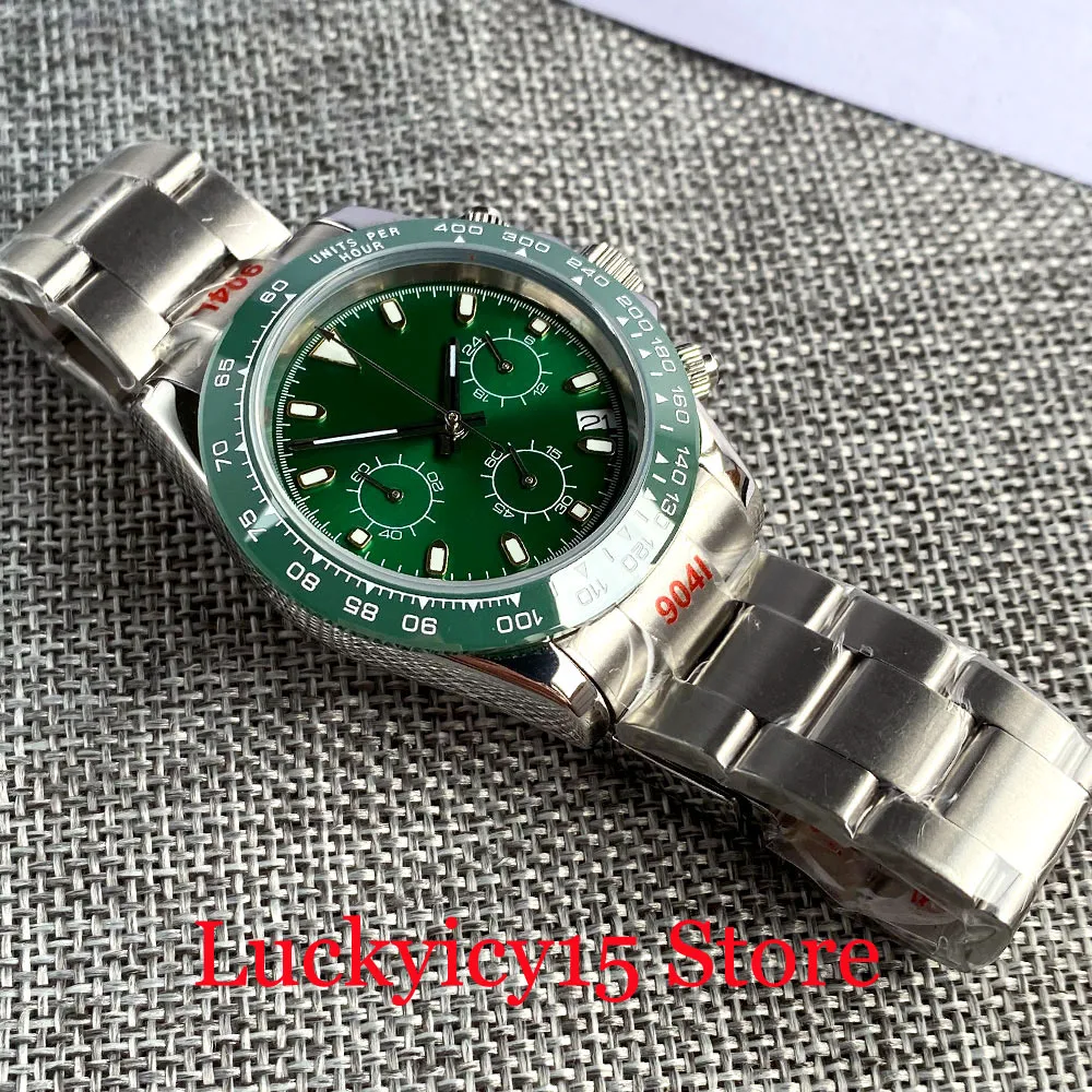 Bliger 39Mm Sliver Case Zwart/Wit/Groen/Geel Wijzerplaat Chronograaf Vk Quartz Multifunctionele Mannen Horloge Saffier Glazen Stalen Band