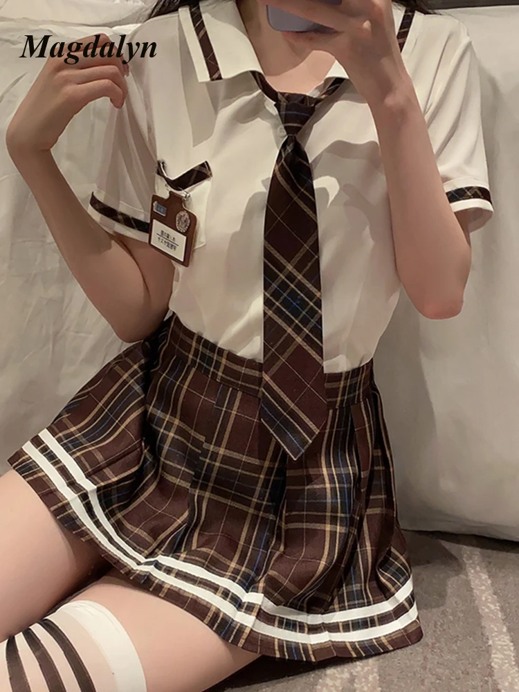 Magdalyn Frauen adrette Stil Plaid Rock passt Mode Japan Kurzarm Shirt eine Linie Falten rock jk Uniform Cosplay Kostüm