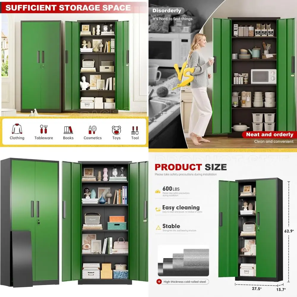 

63 Tall Steel Storage Cabinet with 2 Lockable Doors and 4 Adjustable Shelves for Home, Office, and Garage Use