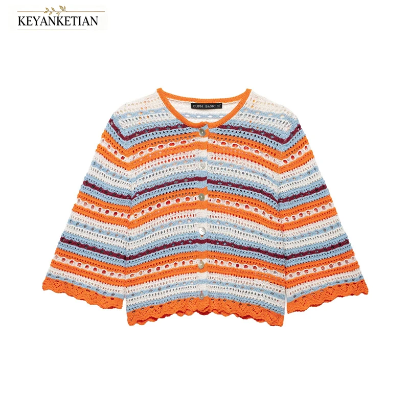 

KEYANKETIAN 2026 Bohemian Multi Color Stripe Knit Cover Up Hollow Mesh Round Neck Flare Sleeve Scallop Edge Short Cardigan Top