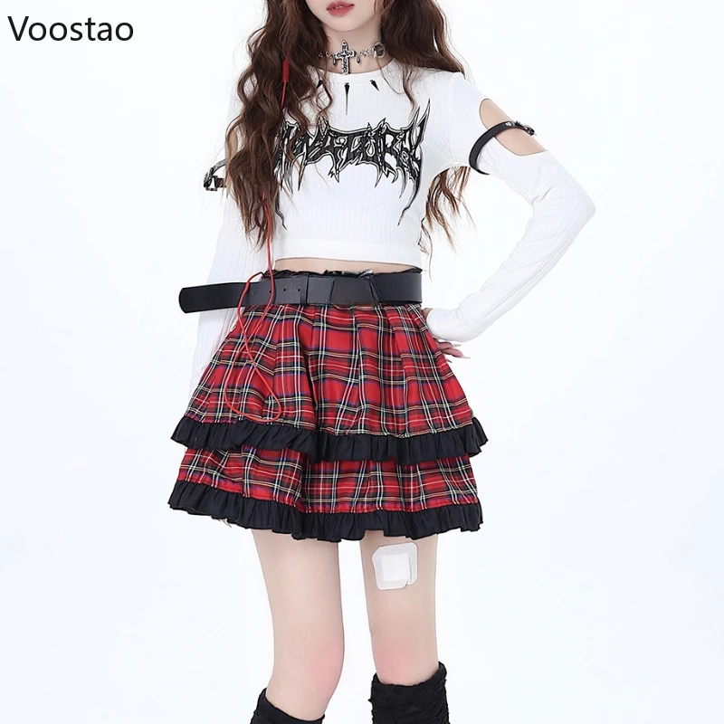 

Vintage Gothic Lolita Style Mini Skirt Women Harajuku Y2k Red Plaid Punk Short Skirts Japanese Girl Casual Ruffles Pleated Skirt