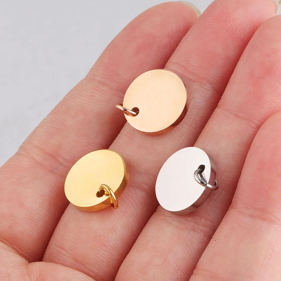 5pcs/lot 12mm Mirror Polished Stainless Steel Round Disc Charms DIY Engrave Blanks Tag With Hang Ring Wholesale