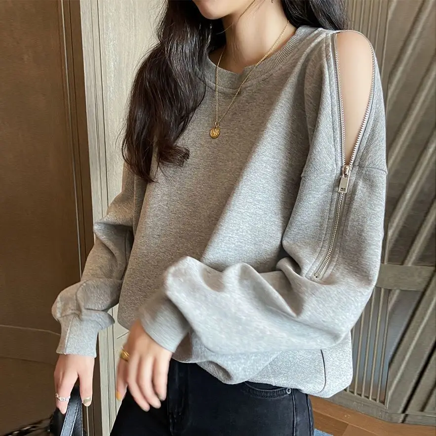 

Unique Zipper Off Shoulder Long Sleeves Sweatshirt for Women Spring Autumn Loose Slimming Hoodies Tops Fashion Women Clothing
