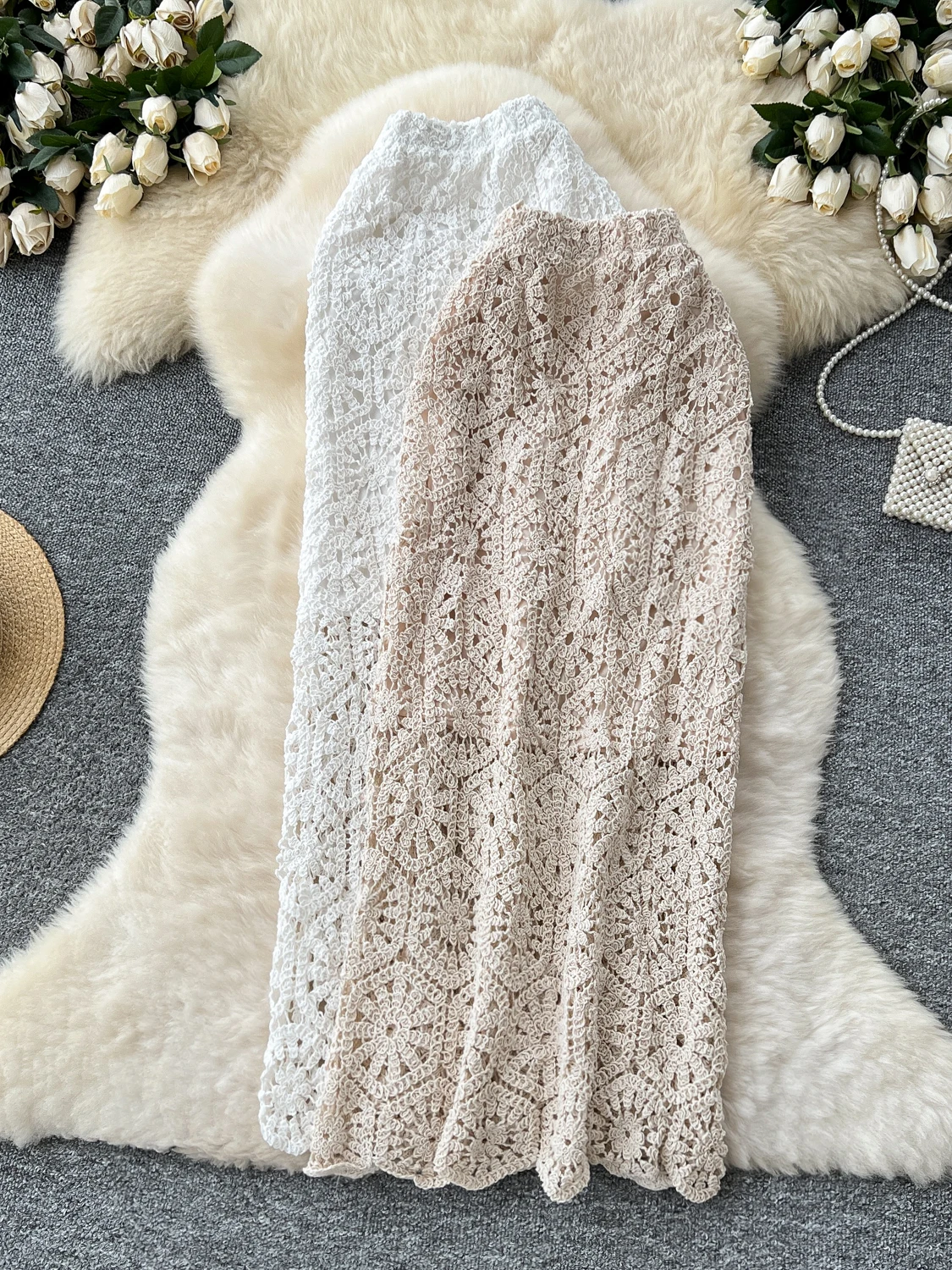 

High Waist A-Line Skirt Women's Sweet Hollow out Hook Design Slimming Skirts Korean Sle Commute Summer Faion