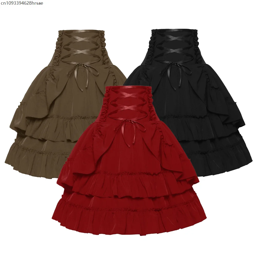 

Gothic Black Lolita Medieval Steampunk High Waist Women Skirts Lace Trim Puff Layer Ruffles Burlesque Corset Dress Halloween