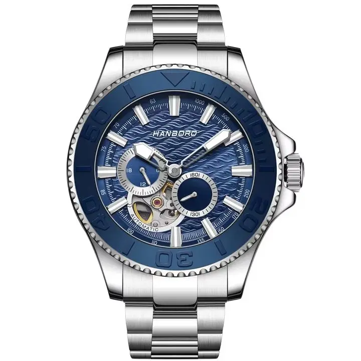 HANBORO Men Automatic Watch 43mm Mechanical Wristwatch 50M Waterproof Sapphire Mirror Luminous Ceramic Bezel 24 Hours Miyota82S7