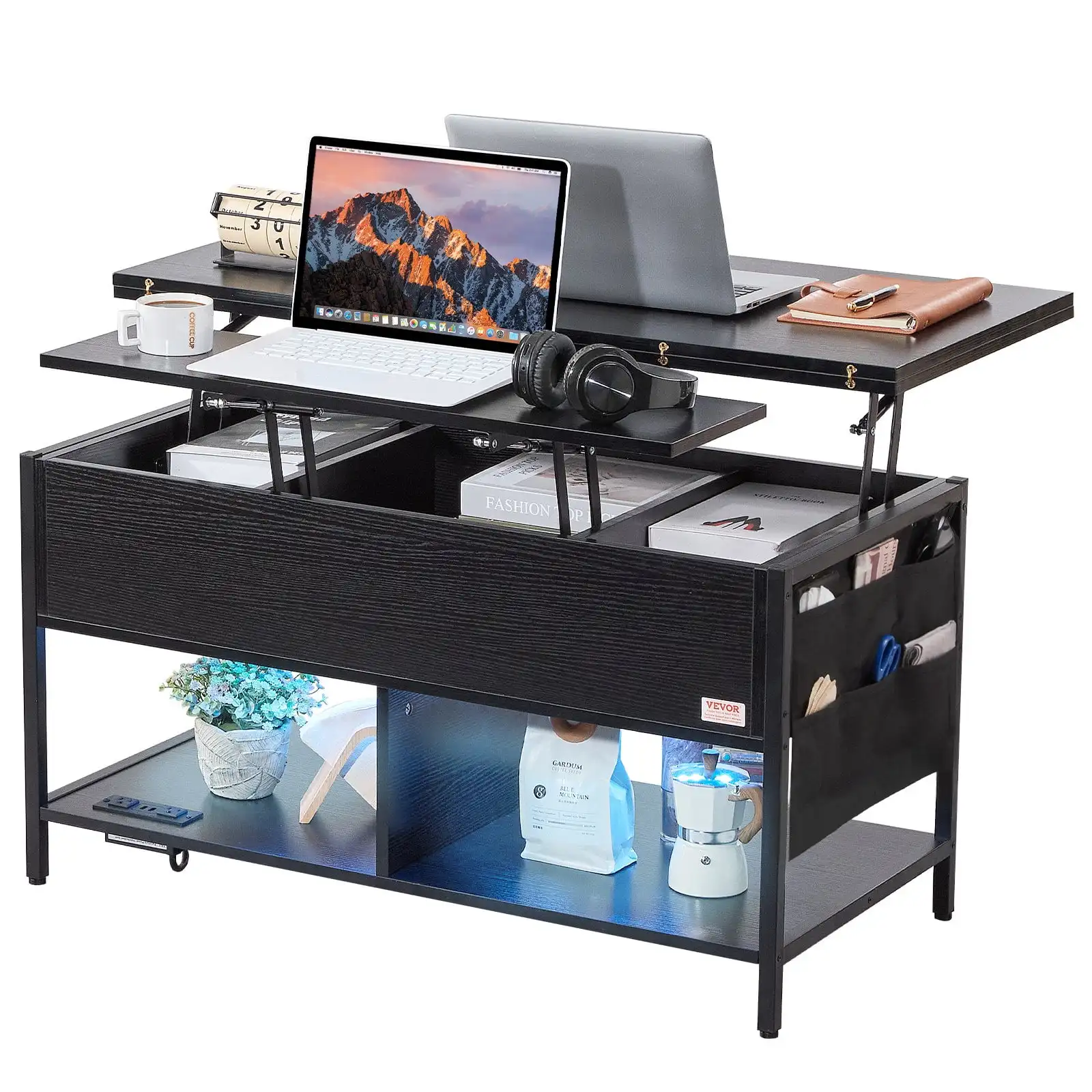 Mesa de centro elevable - Mesa de centro rectangular de 39,4" con luz y USB, negra