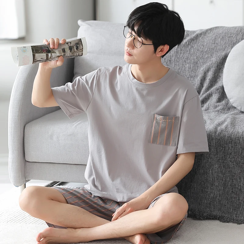 Summer modal cotton round neck men's short sleeved shorts and pajama set, casual plaid oversized pullover, simple home clothing