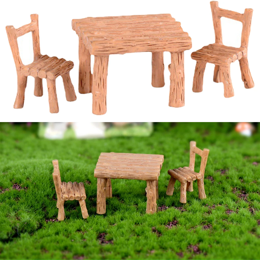 3pcs/set New Cute Table Chair Miniature Park Seat Mini Long Wood Bench Resin Craft Ornament Micro Figurine Decors for Kids Toys