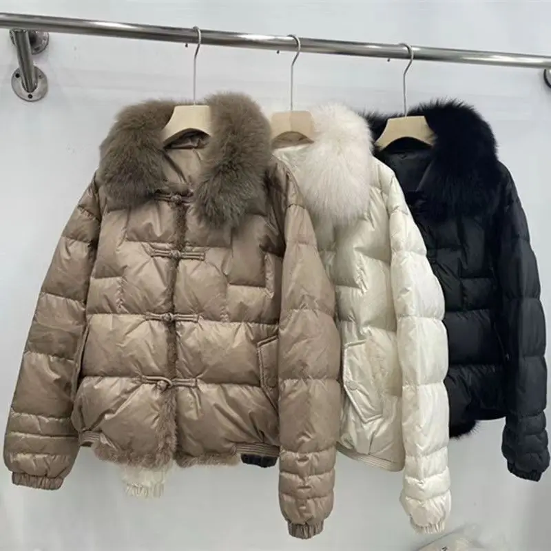 

2024 Real Fox Fur Collar Winter Women 90%White Duck Down Jacket Ladies Short Warm Puffer Coat Female Loose Vintage Parka