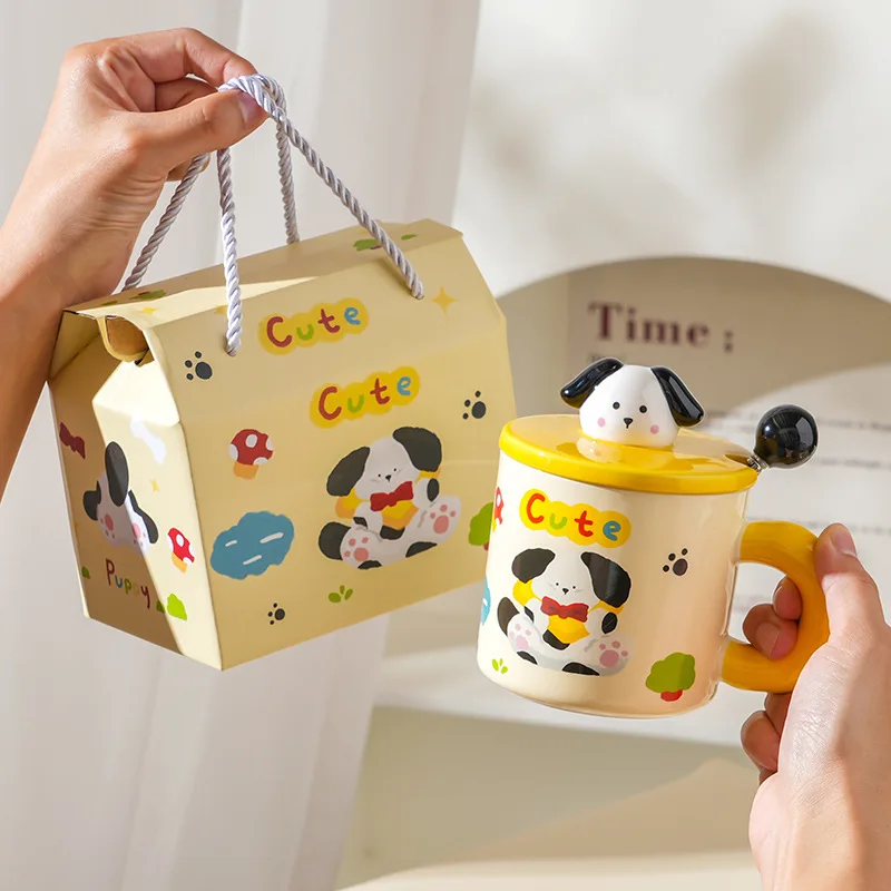 Kitchen,Dining & Bar High-value cartoon ceramic cup with lid for household ins style couple water cup creative hand gift box mug