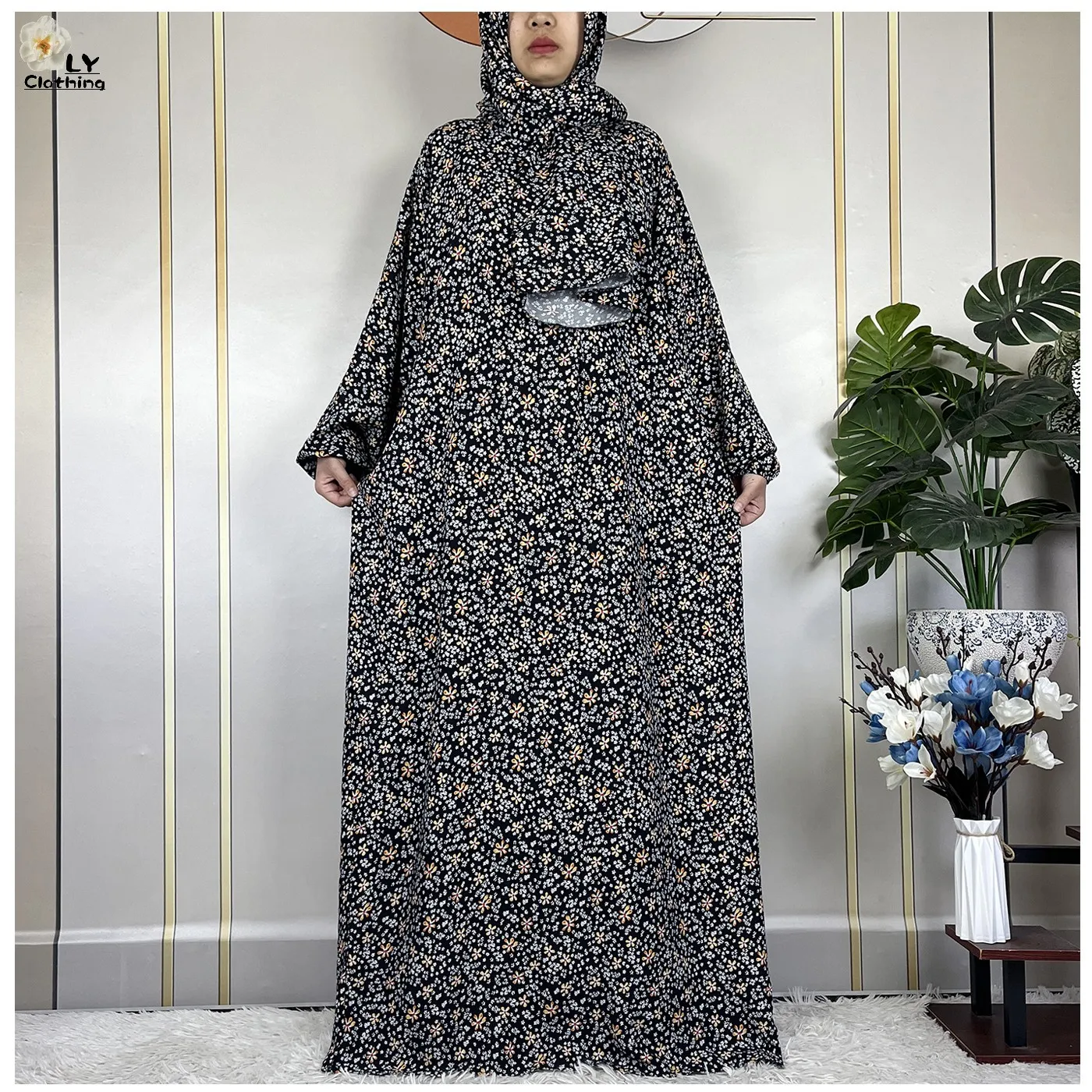 

2024Latest Muslim Abayas For Women Ramadan Prayer Maxi Dubai Turkey Femme Cotton Robe Floral Loose African Dress Turban Attached