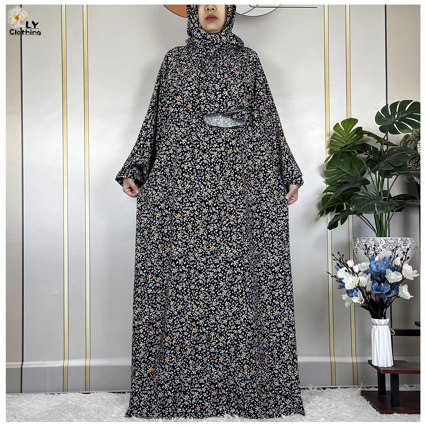 2024 Nieuwste Moslim Abaya \'S Voor Vrouwen Ramadan Gebed Maxi Dubai Kalkoen Femme Katoenen Gewaad Bloemen Losse Afrikaanse Jurk Tulband Bevestigd