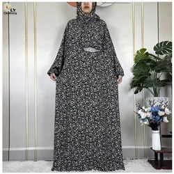 2024Latest Muslim Abayas For Women Ramadan Prayer Maxi Dubai Turkey Femme Cotton Robe Floral Loose African Dress Turban Attached